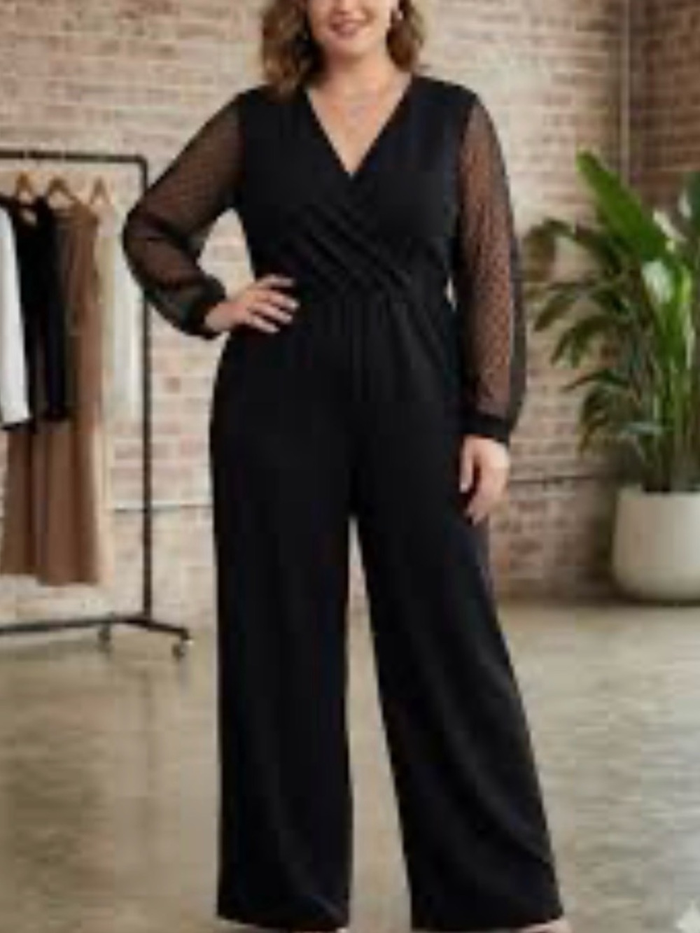 SHEIN Black Long Sleeve Jumpsuit Dress with Sheer Polka Dot Sleeves 2XL